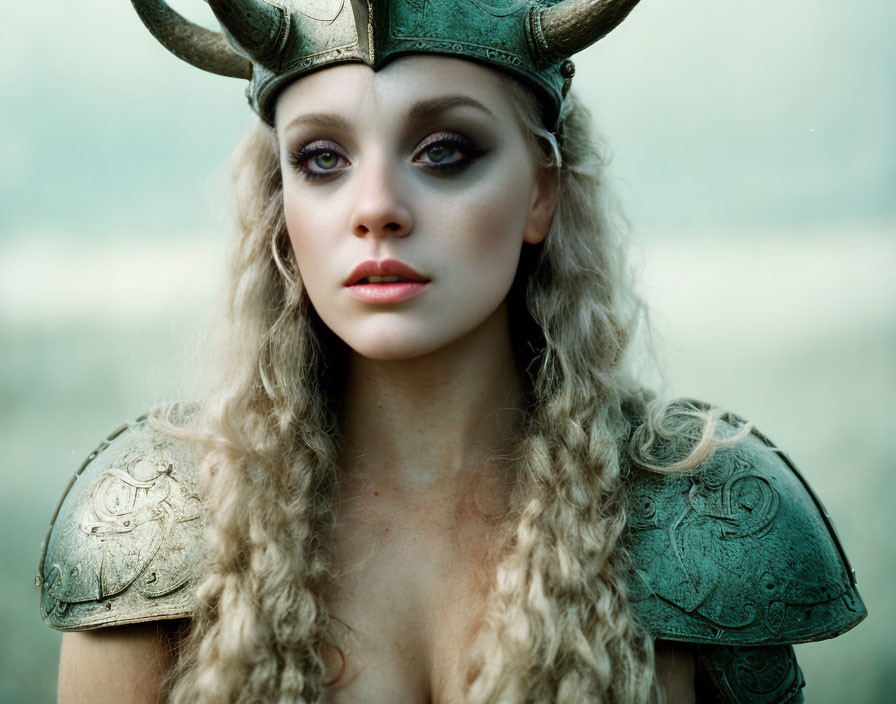 Woman in Viking-style armor with horned helmet and wavy hair.