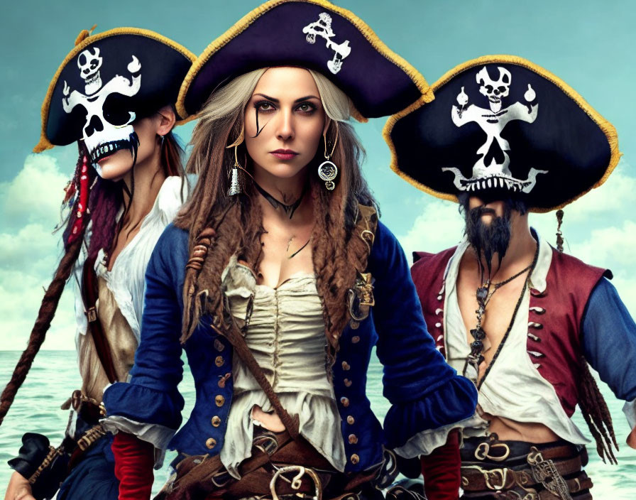 Group of three pirates in elaborate costumes posing against cloudy sky