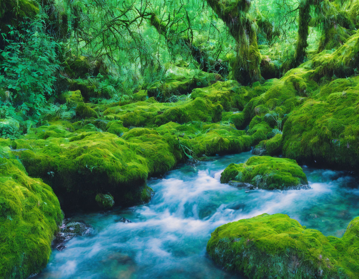 Tranquil stream in lush, mossy forest landscape