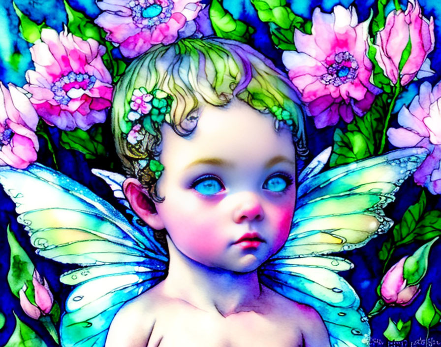 Child with fairy wings surrounded by vibrant flowers and blue eyes.