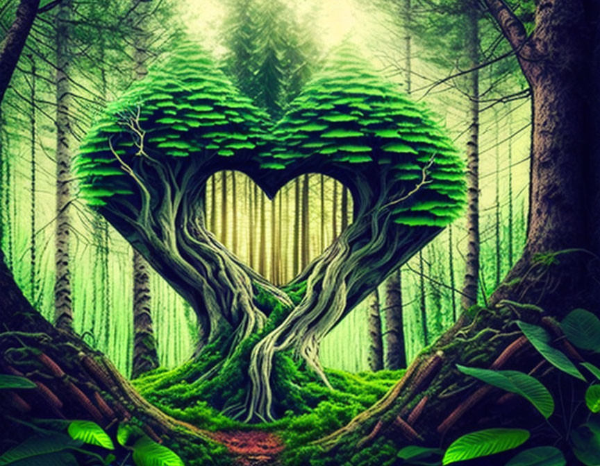 Digital artwork: Whimsical forest scene with heart-shaped trees & sunlight