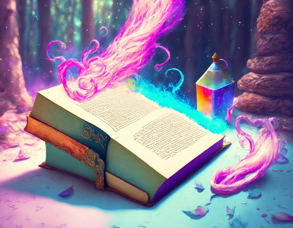 Mystical open book with pink and blue smoke, lantern, forest background