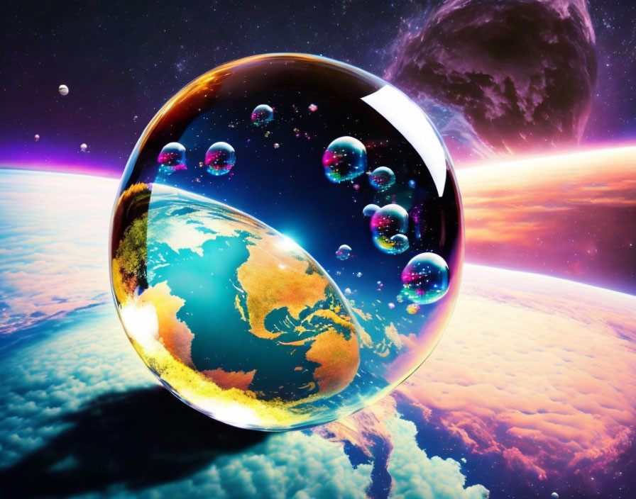 Surreal space artwork with transparent bubble reflecting Earth and celestial bodies