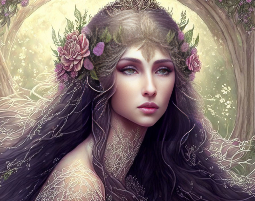 Fantasy woman with floral crown and ornate attire in blossoming setting