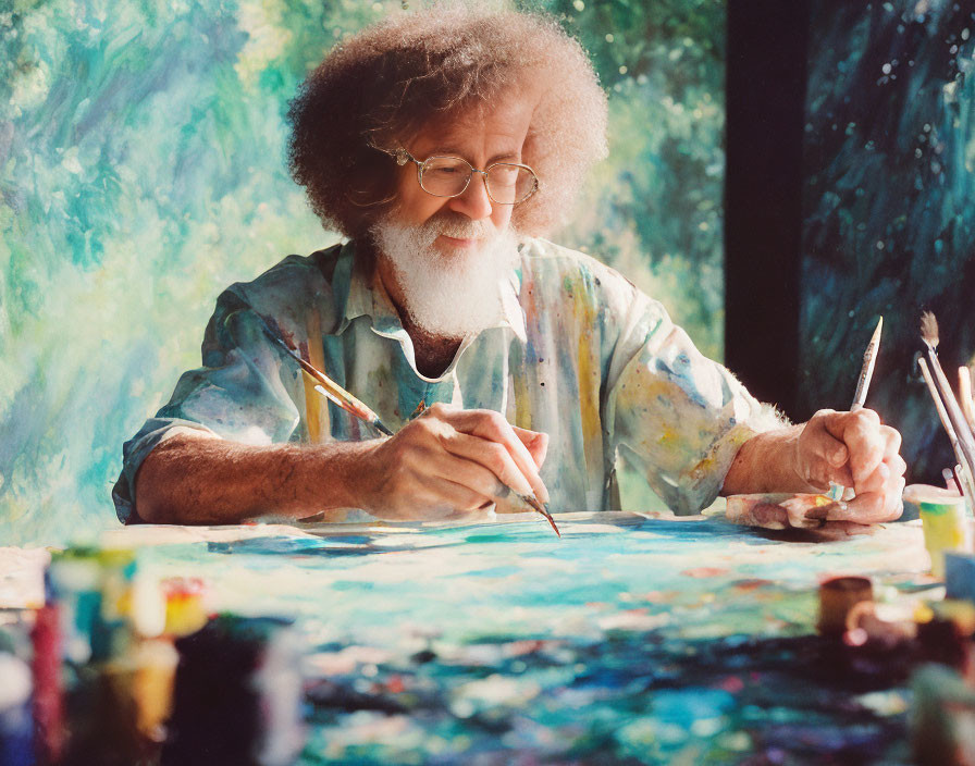 Curly Gray Beard Artist Painting in Vibrant Colors