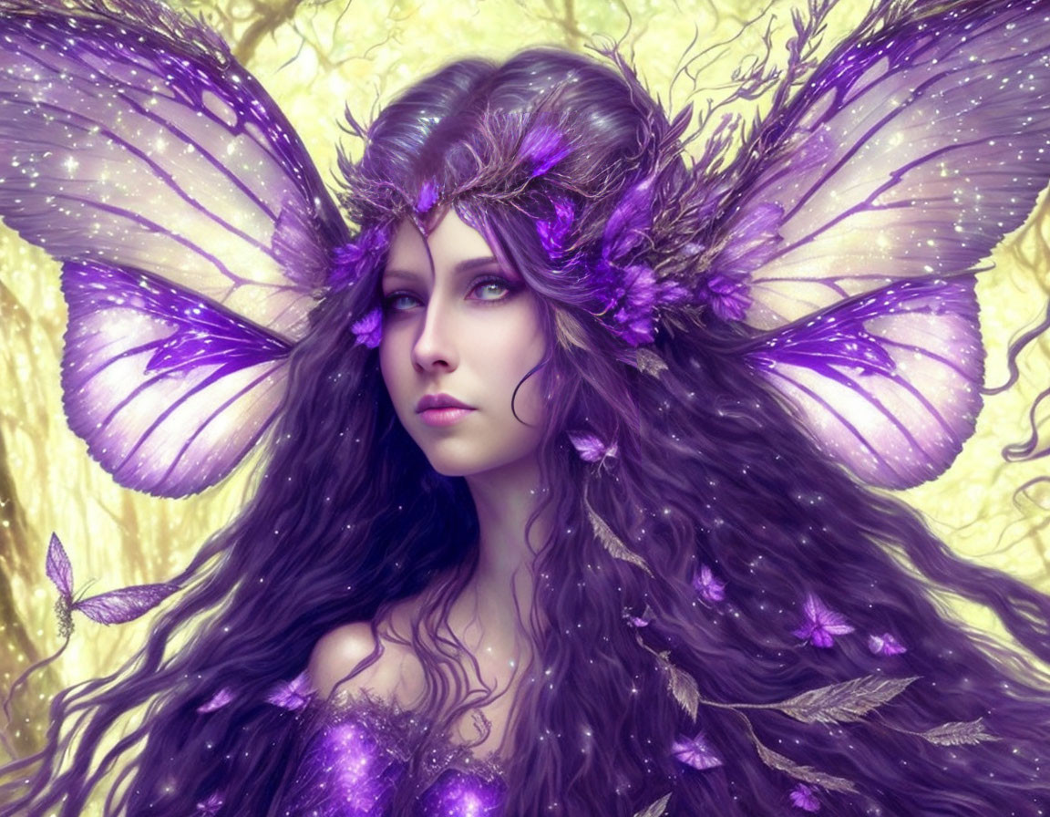 Fantasy Artwork: Woman with Purple Butterfly Wings and Intricate Attire