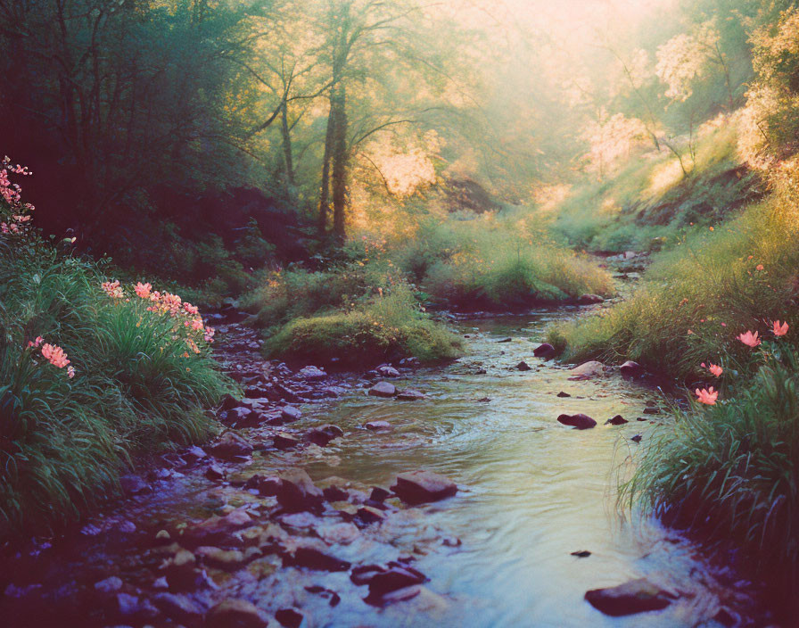 Tranquil stream in sun-dappled forest with pink wildflowers