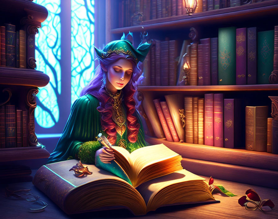 Elf in green outfit reading book in enchanted library setting