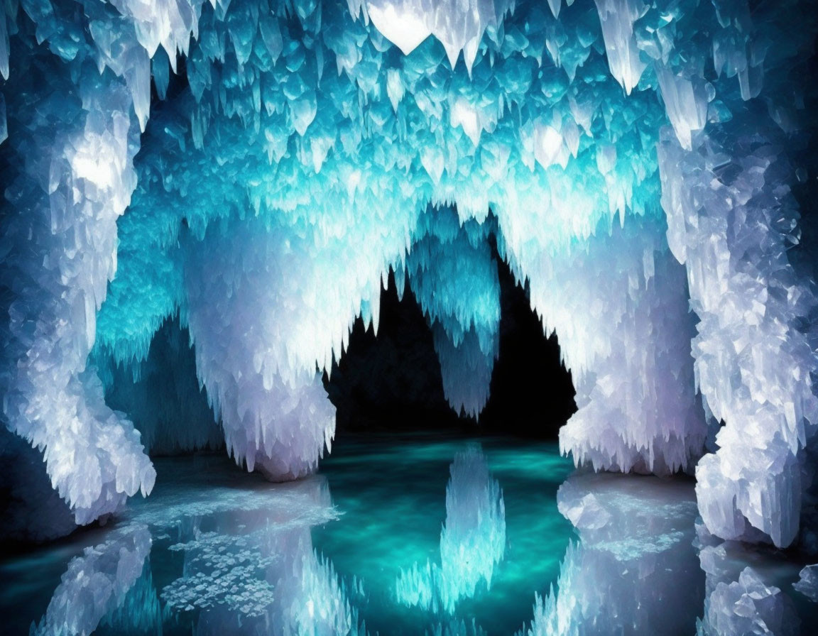 Ethereal icy cave with blue icicles and serene water surface