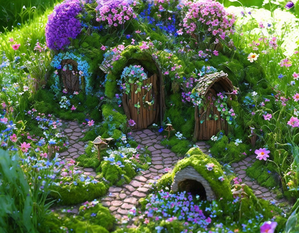 Miniature Fairy Garden with Vibrant Flowers and Tiny Wooden Doors