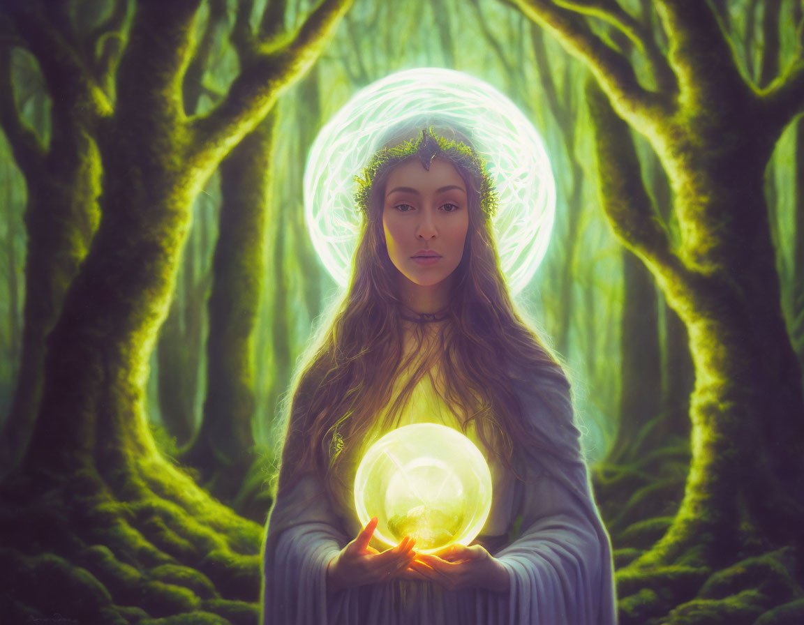 Mystical woman with radiant crown in ethereal forest