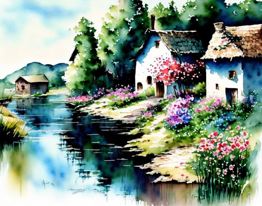 Tranquil watercolor painting of cottage by serene lake