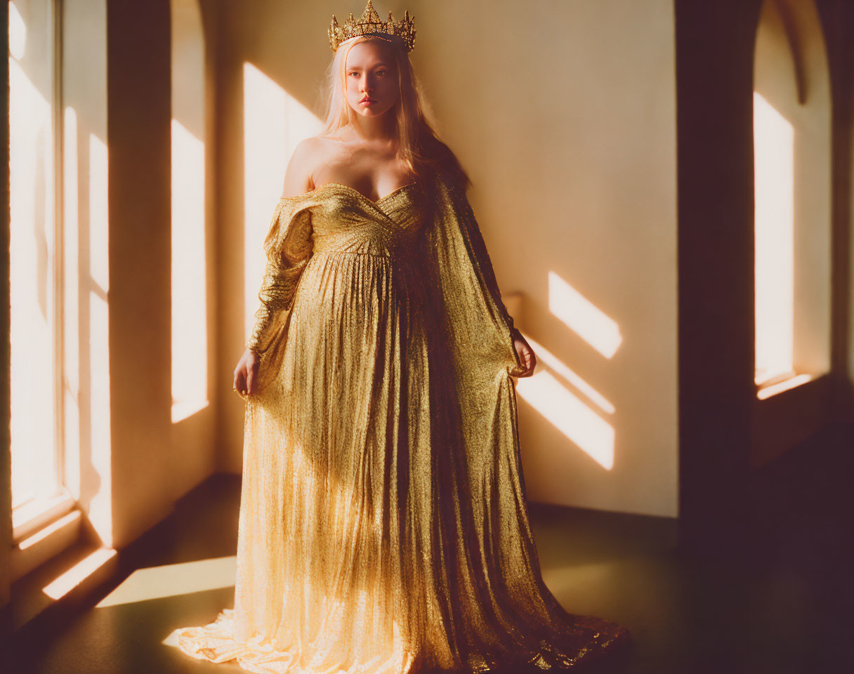 Regal woman in golden gown and crown in sunlit room with shadows.