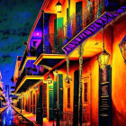 Colorful Night Street Scene with Lanterns and Cobblestones