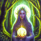 Mystical woman with radiant crown in ethereal forest