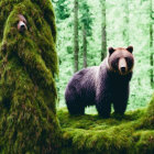 Brown bear in lush green forest with moss-covered trees