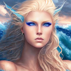 Digital artwork of woman with blue eyes and blond hair by stormy ocean.