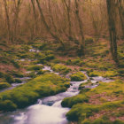 Tranquil forest scene with stream, moss-covered rocks, and bare trees