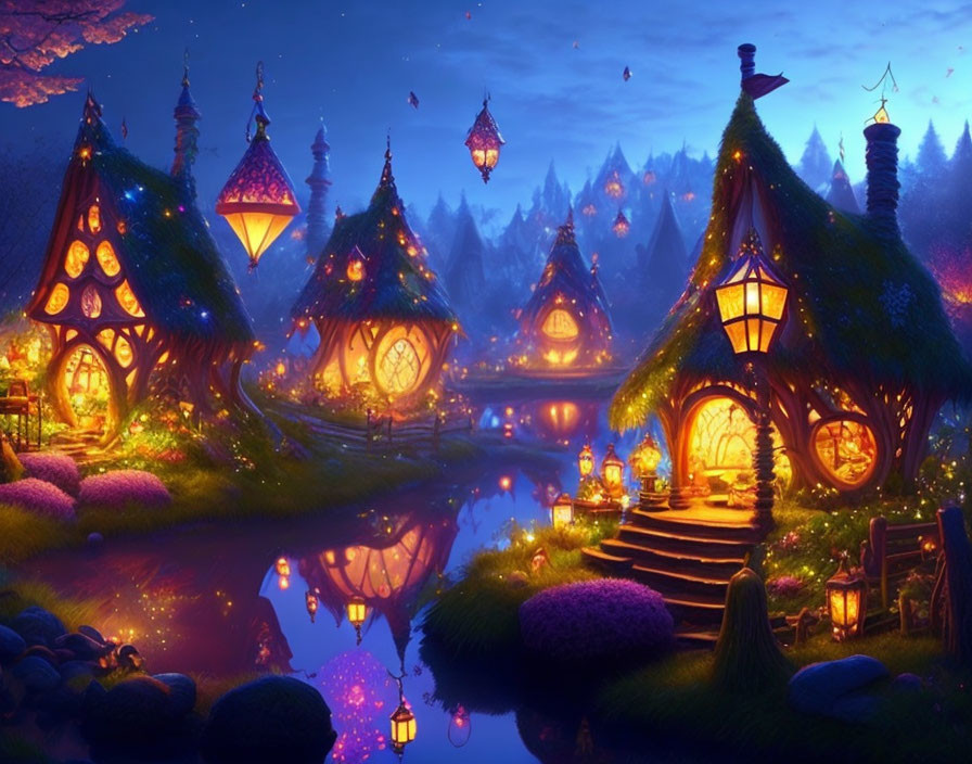 Enchanted Dusk Village: Whimsical Houses and Floating Lanterns