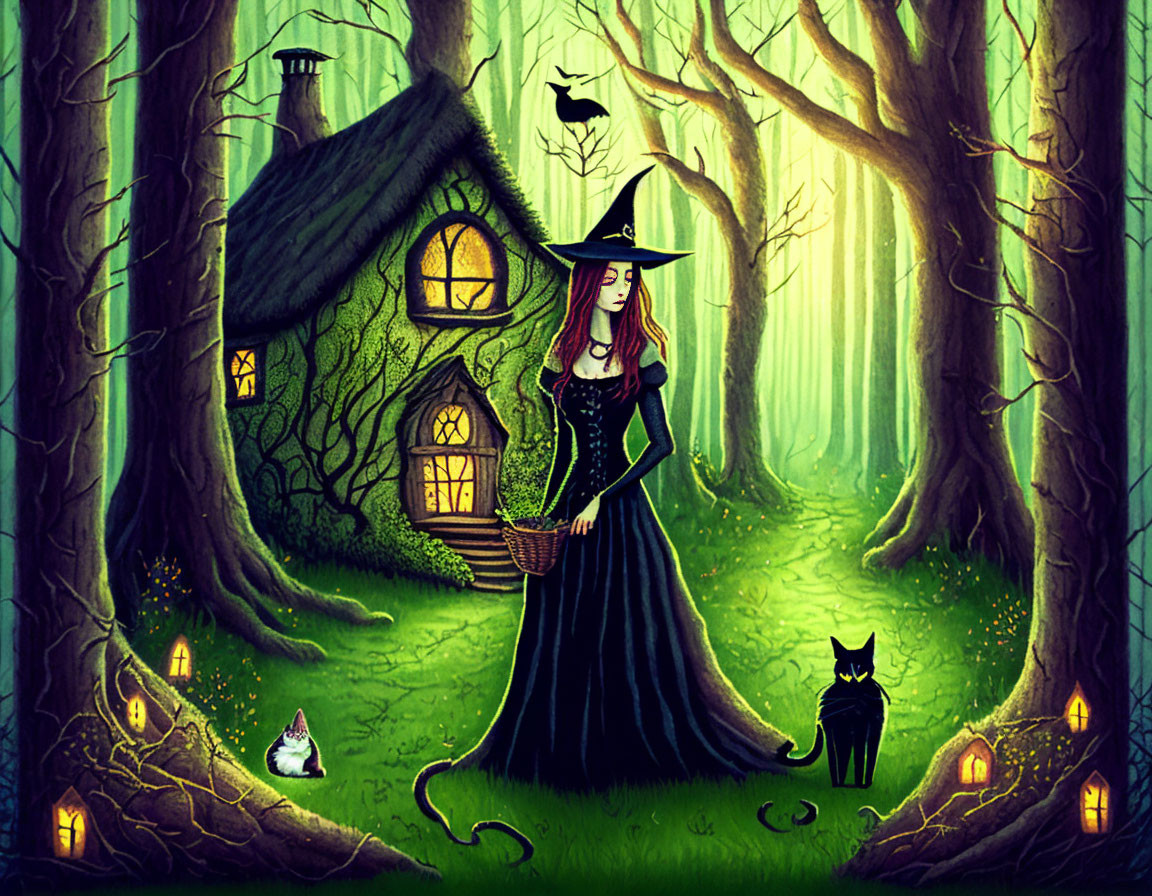 Enchanted forest scene with witch, cat, lanterns, and crow