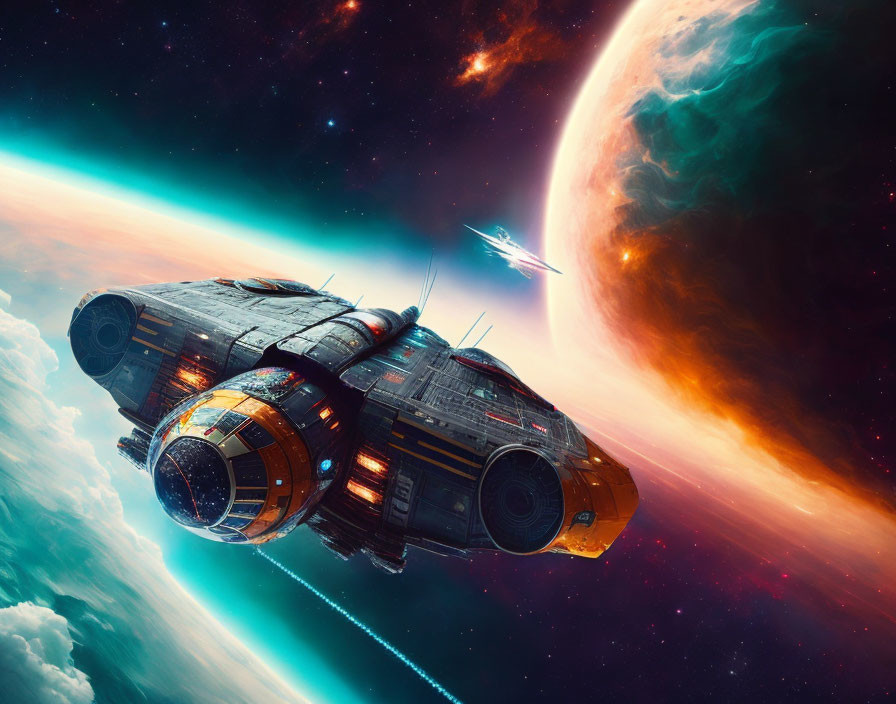 Large spacecraft and small fighter ship in vibrant sci-fi scene with colorful nebula and imposing planet