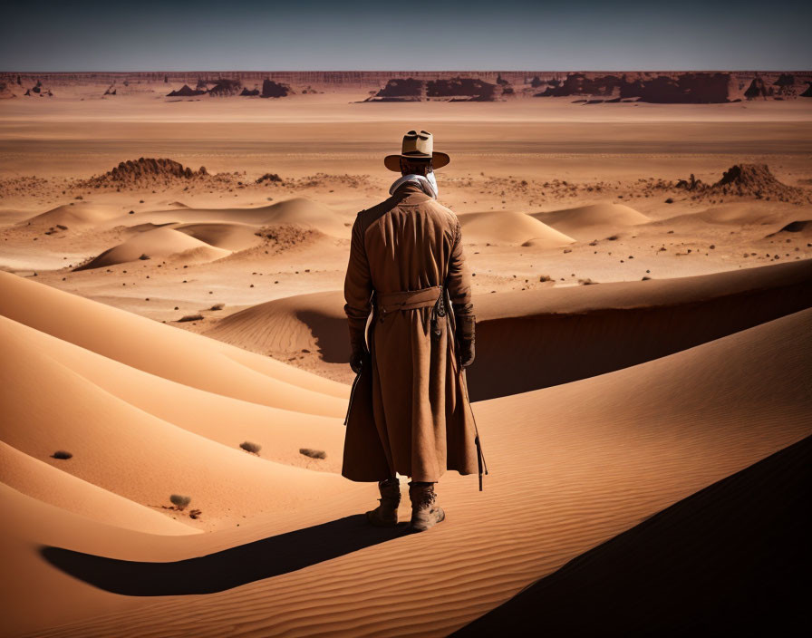 Person in trench coat and hat gazes at windswept desert dunes