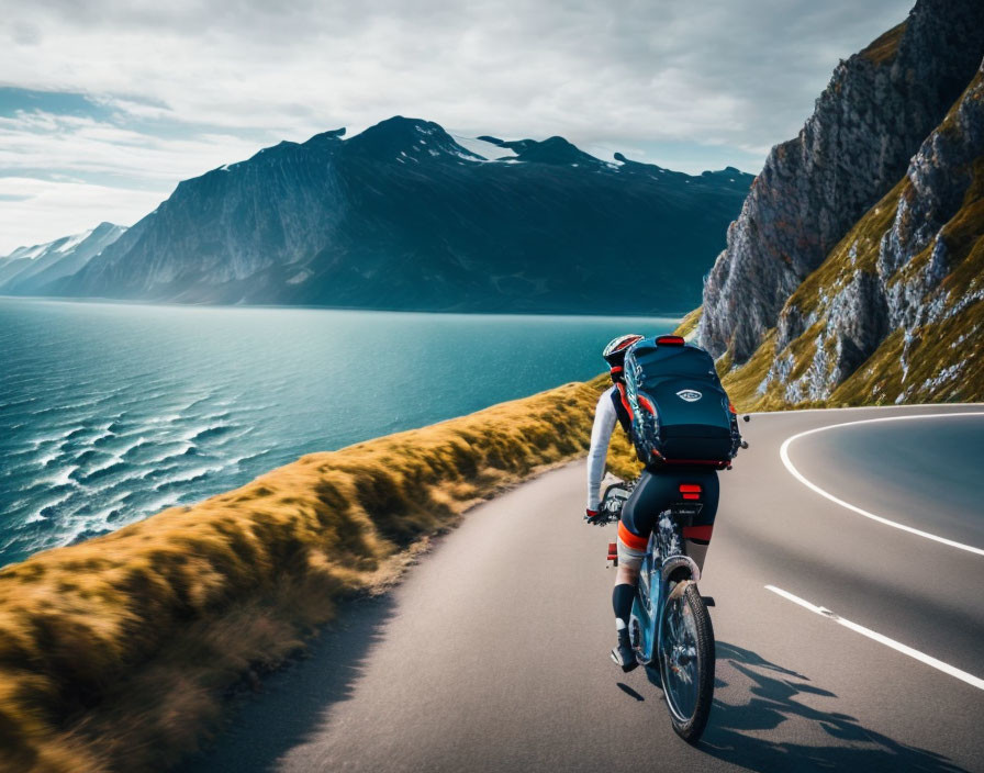 Cyclist with backpack rides coastal road near steep cliff and calm sea under clear sky