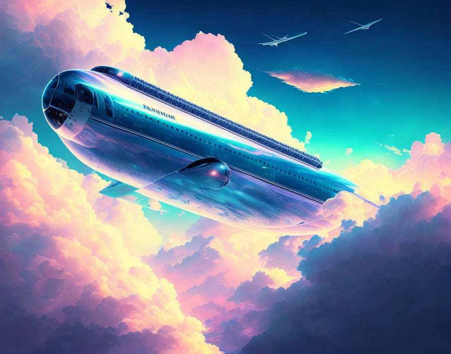 Futuristic streamlined airship in pastel-colored sky with other aircraft