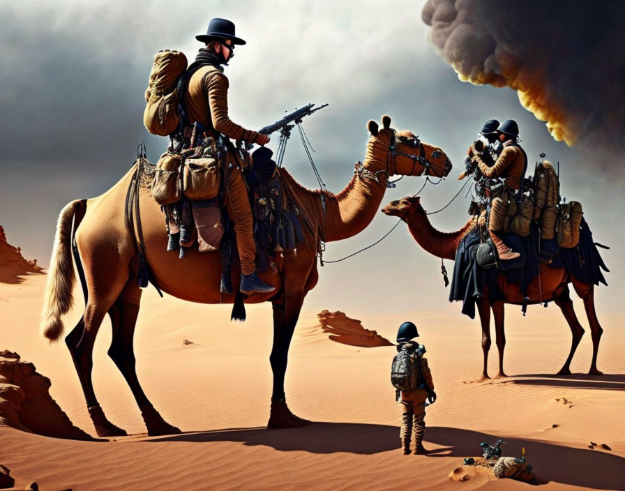 Steampunk-themed camel riders in desert with smoke plume