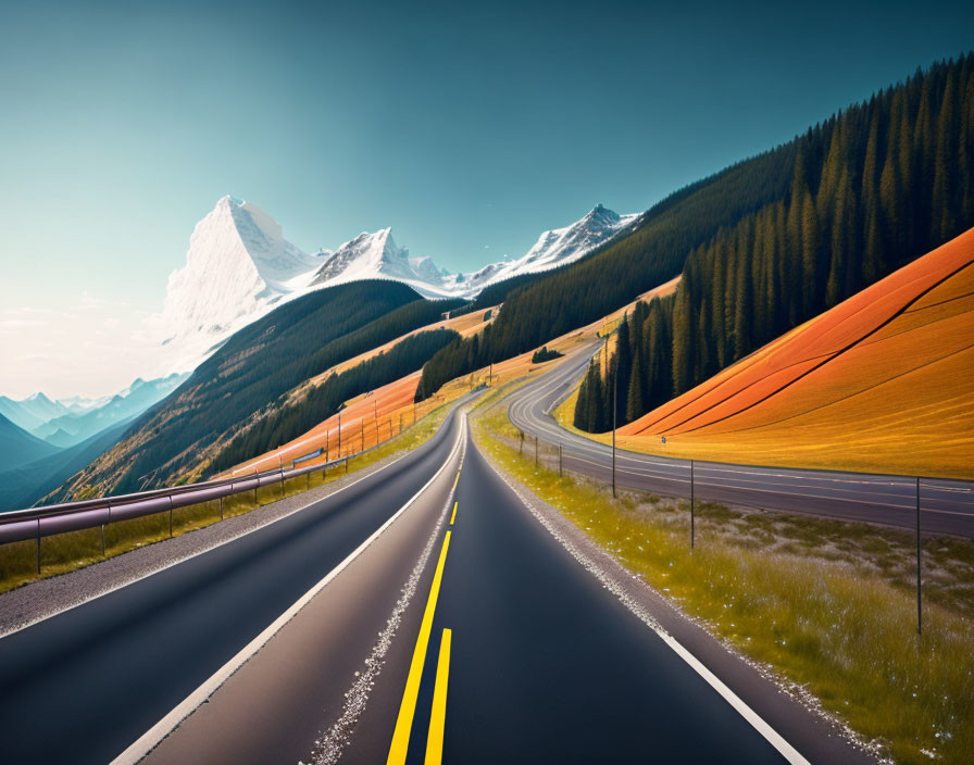 Scenic winding road amidst orange fields and snow-capped mountains