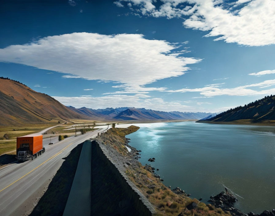 Scenic road with truck, river, mountains, and sky.