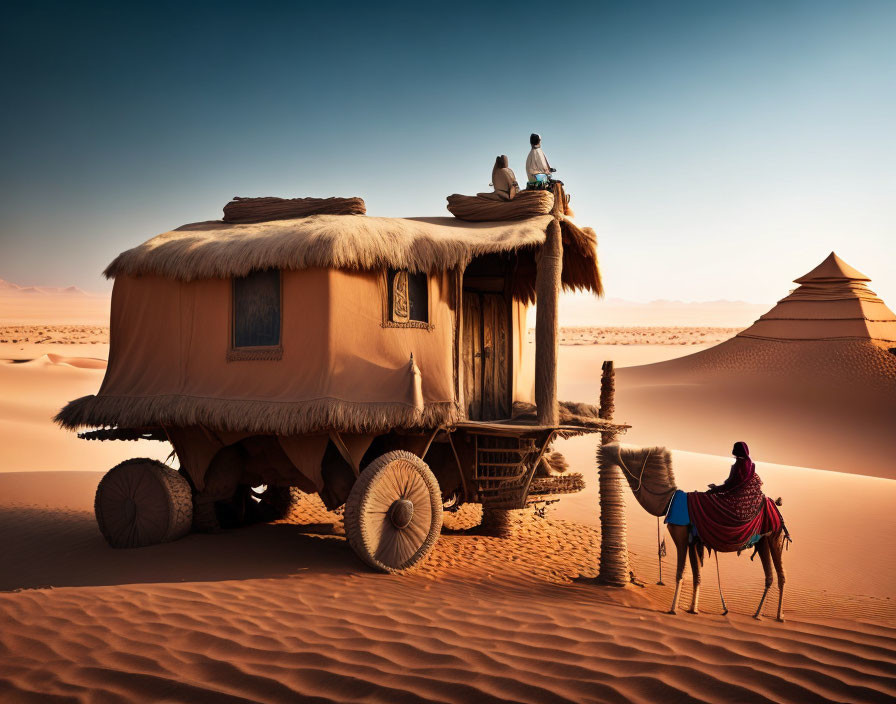 Man on Camel Pulling Wooden Caravan in Desert with Pyramids