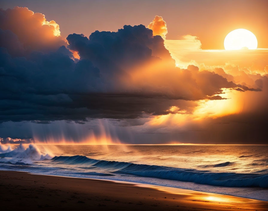 Vibrant orange sunset over ocean with towering clouds and rays of light.