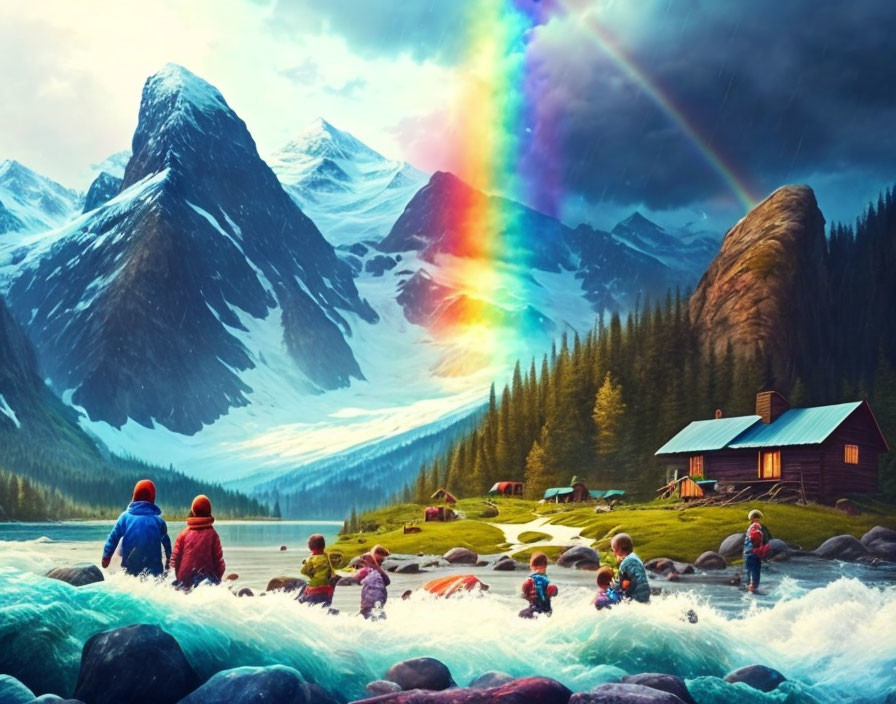 Group of People Admiring Vivid Rainbow Over Scenic Landscape