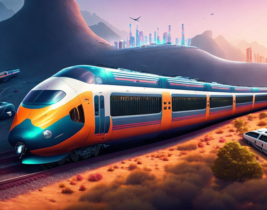 Futuristic orange and blue high-speed train in desert landscape with city skyline.