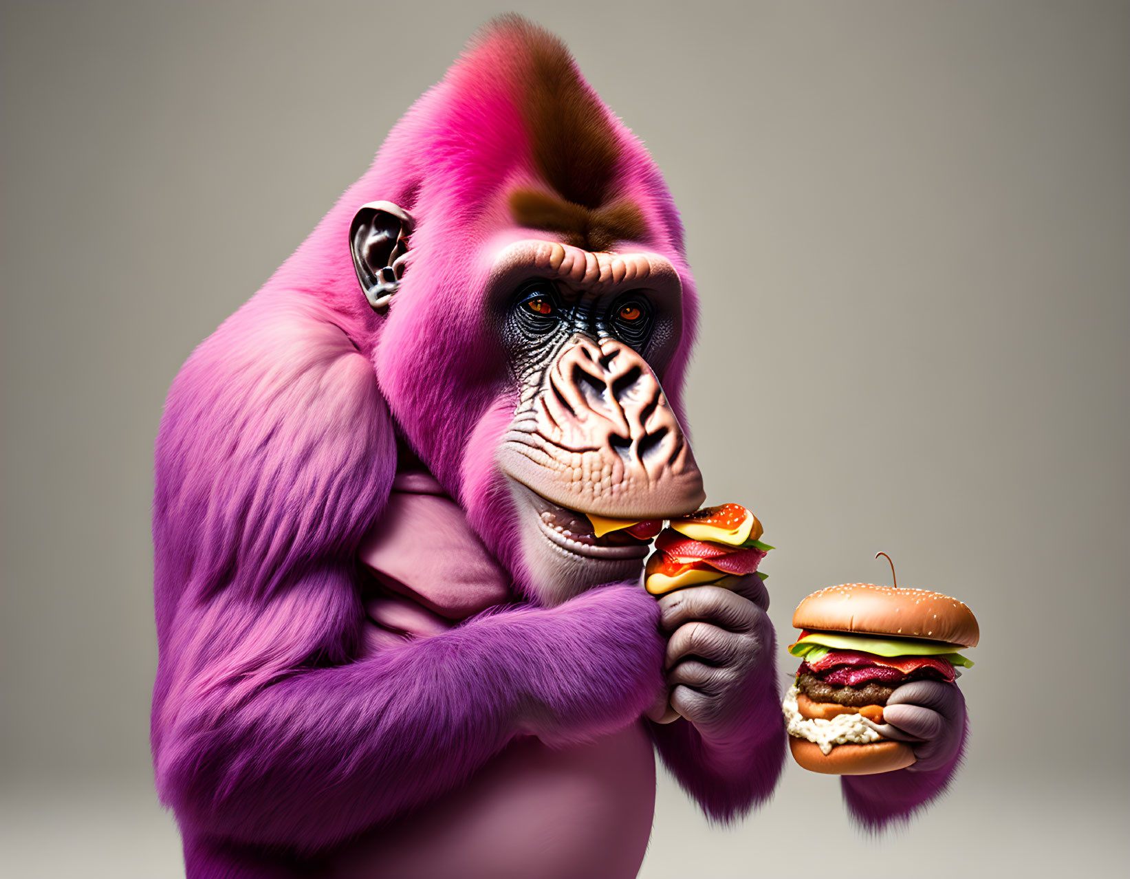 Purple gorilla with cheeseburgers in a digital art piece