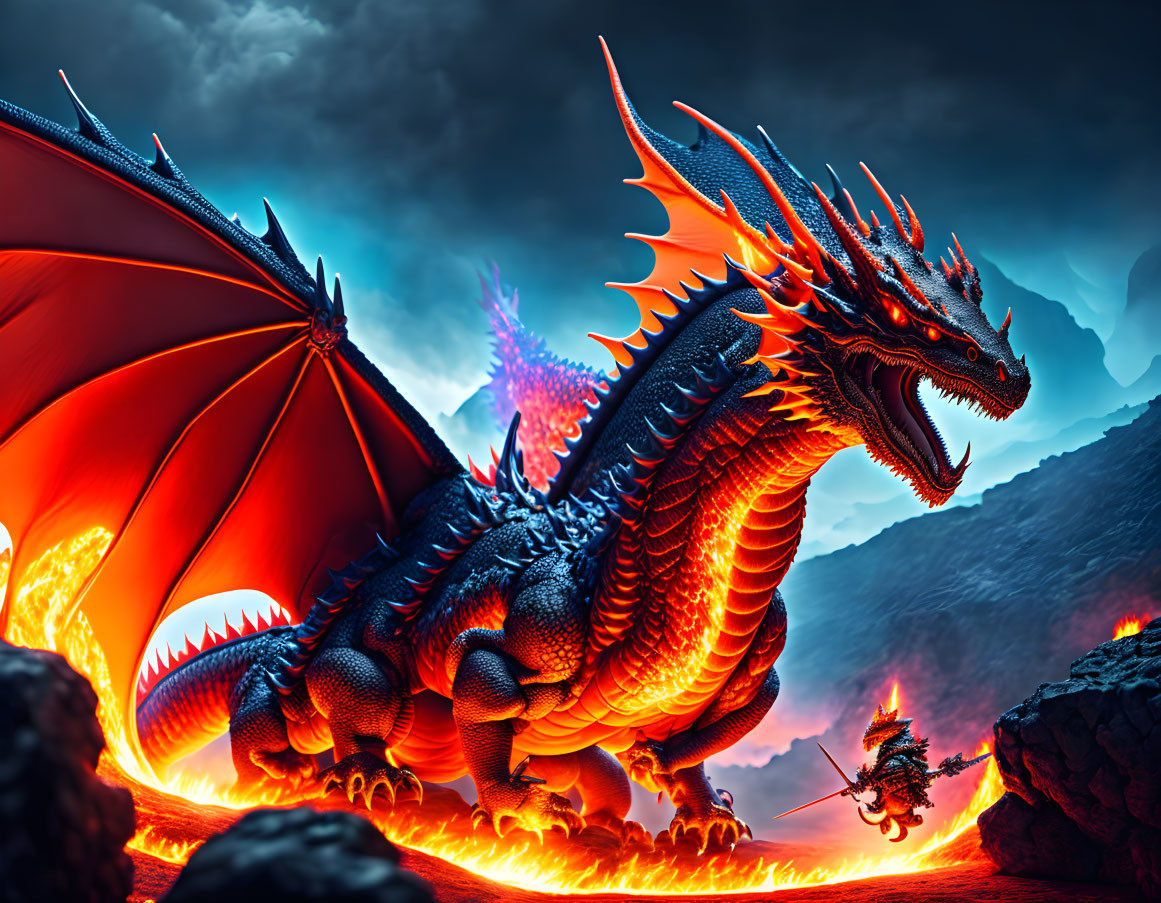 Majestic dragon and knight face off in dramatic landscape