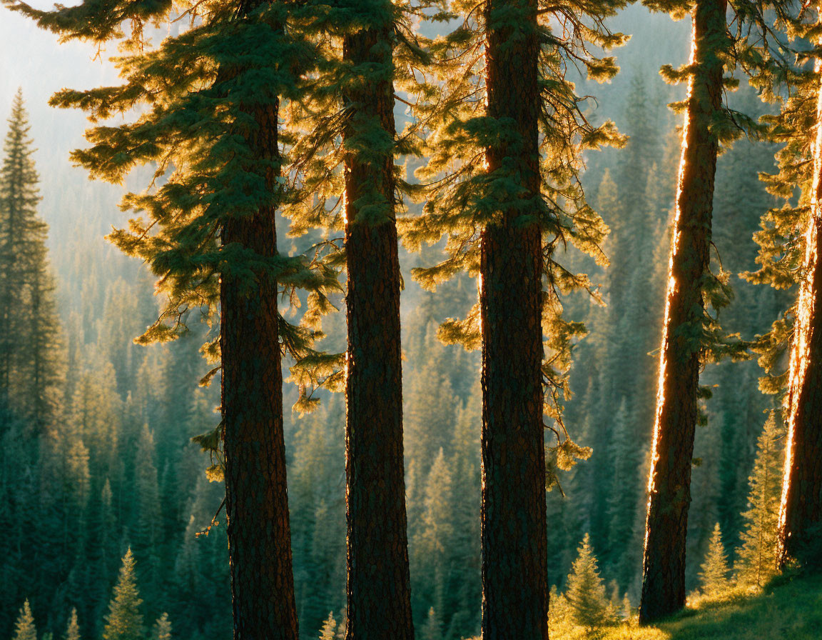 Forest scene: Sunlight through tall pine trees at golden hour