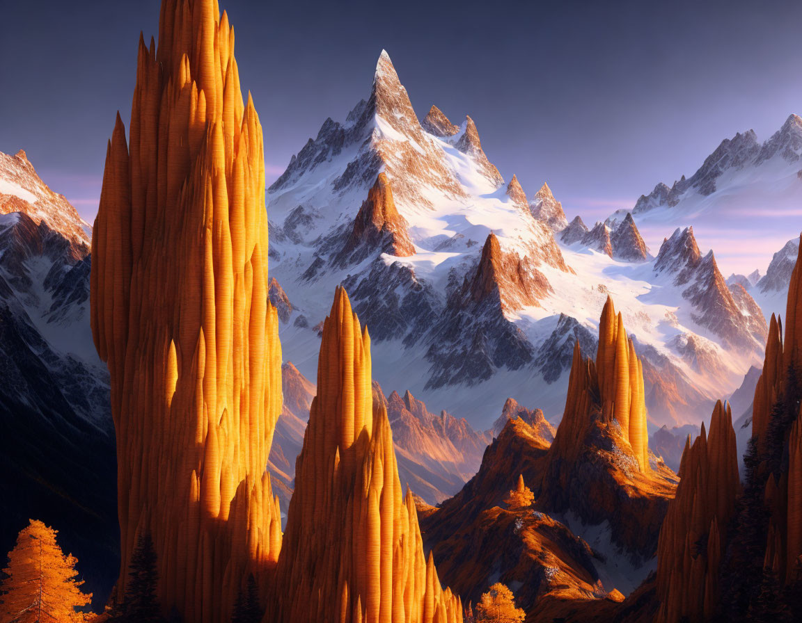 Majestic mountain range with rocky peaks and golden-hued rock formations