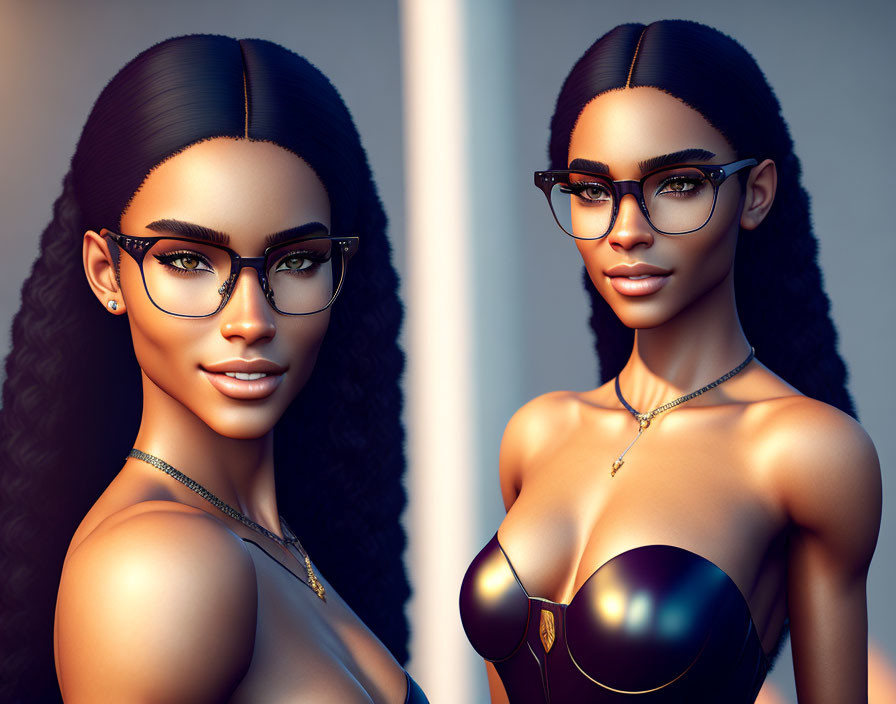 Identical 3D-rendered women in black bodysuits with glasses and long wavy hair