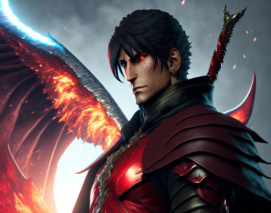 Digital Artwork: Menacing Male Figure in Red and Black Armor with Fiery Wings