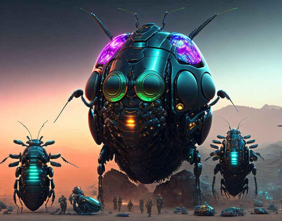 Glowing mechanical beetles in futuristic desert landscape at dusk