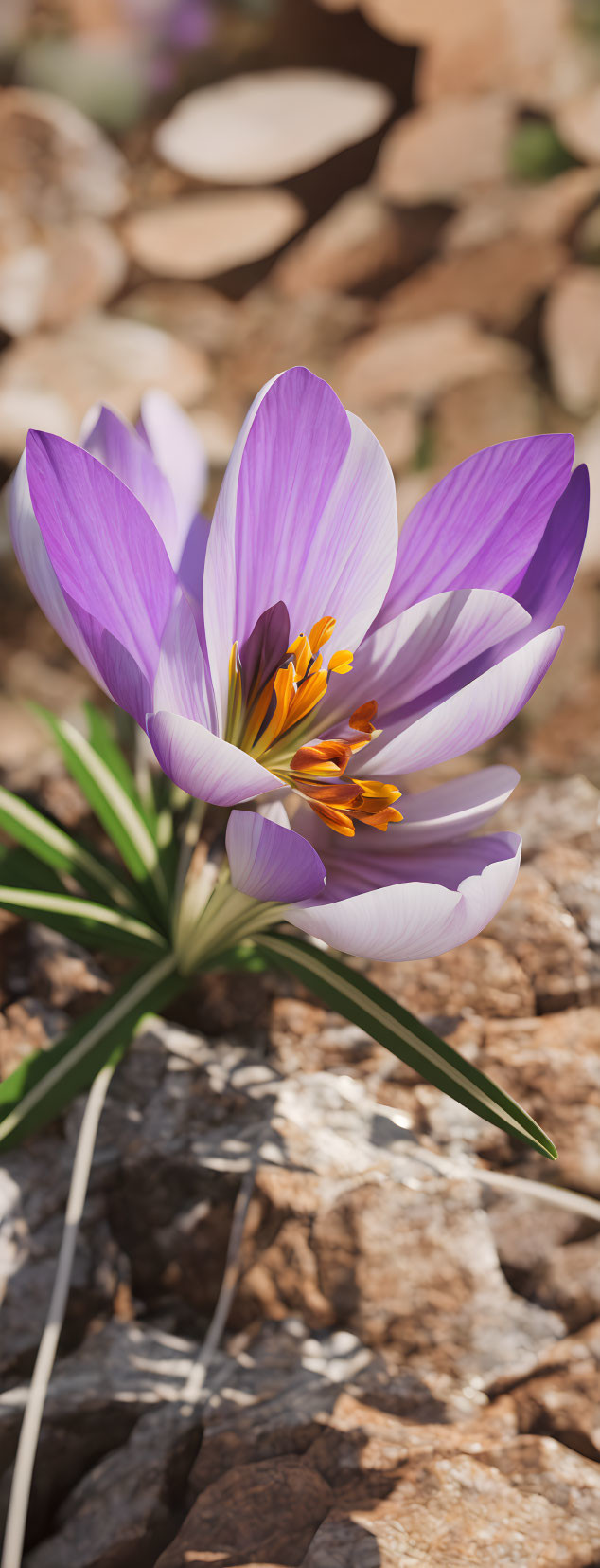 Purple crocus flower in bloom on rocky brown earth