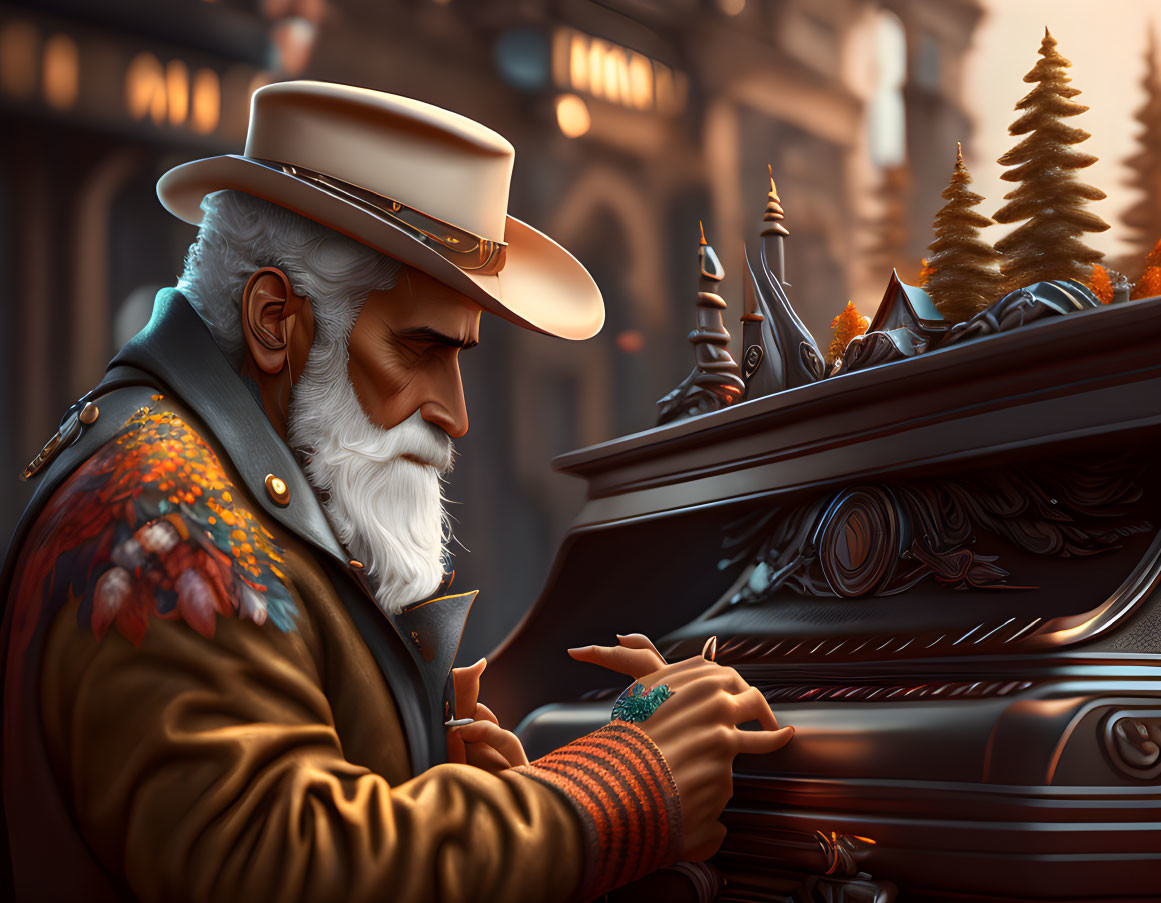 Elderly man with white beard playing ornate grand piano in urban setting