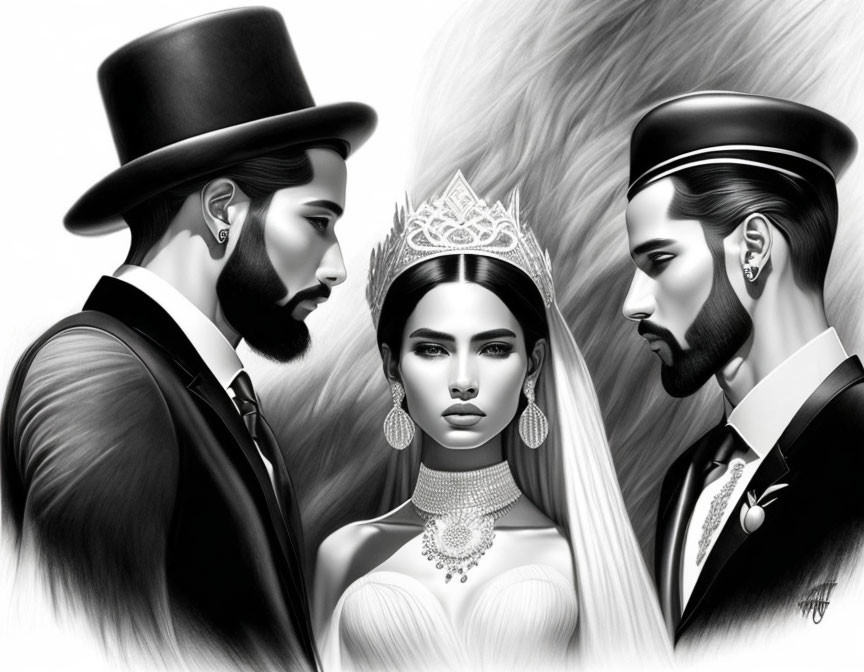 Monochrome bridal party illustration with woman in gown and tiara.