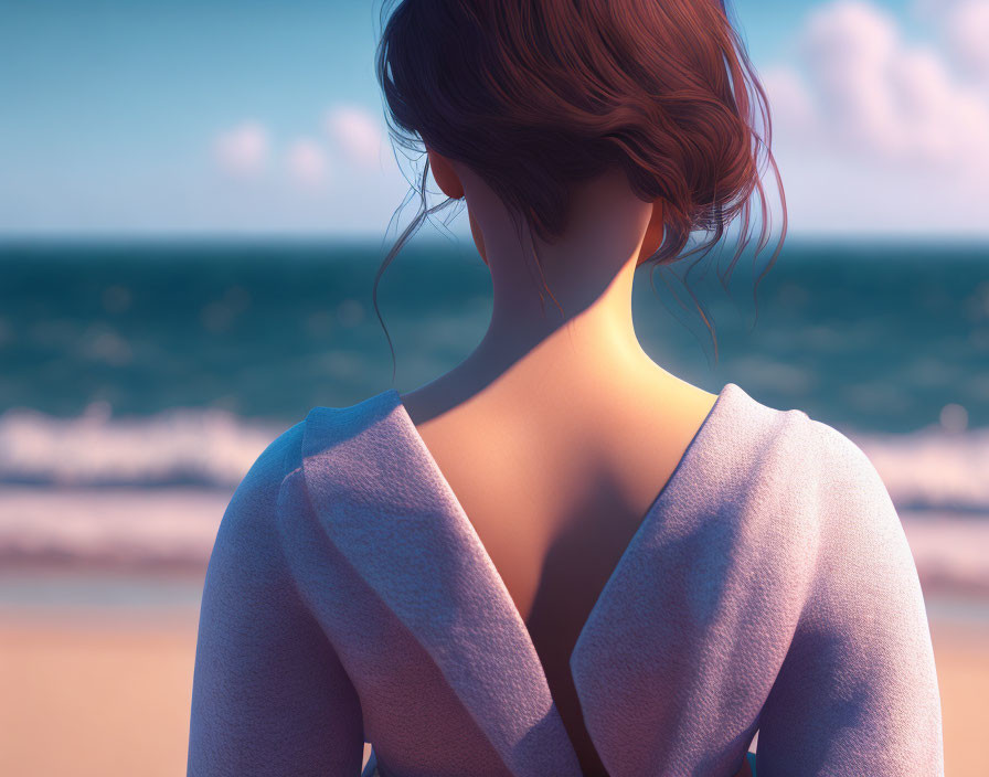 Woman in white cardigan gazes at ocean, beach backdrop