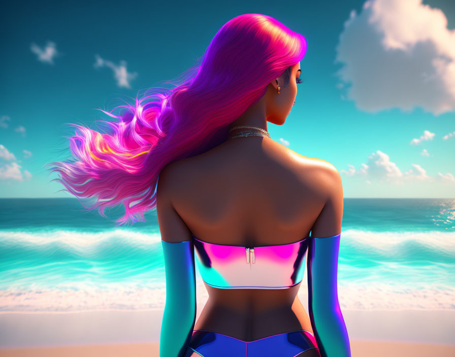 Vibrant pink hair woman by tranquil ocean under cloudy sky