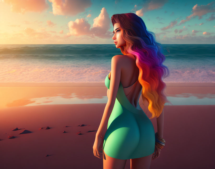 Digital art: Woman with rainbow hair on beach at sunset