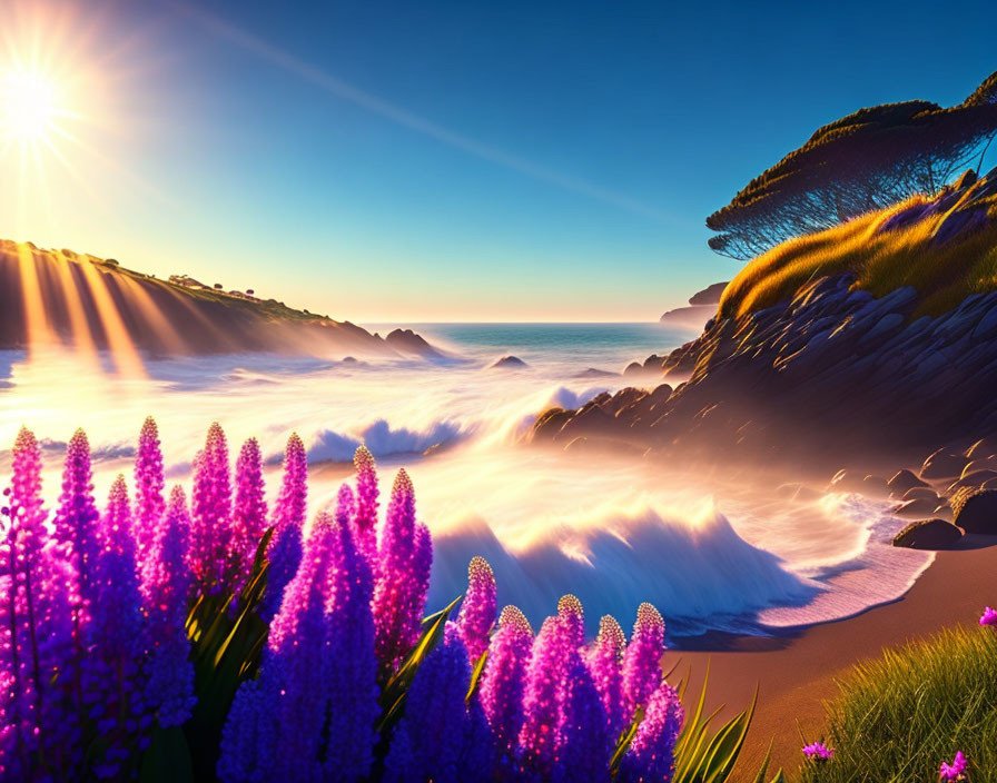 Coastal sunset scene with crashing waves, purple flowers, and sun rays