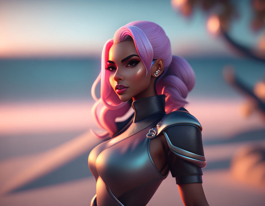 Stylized female character with pink hair in futuristic clothing at sunset